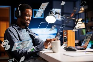 Blog business person using laptop multitasking finish daily startup tasks